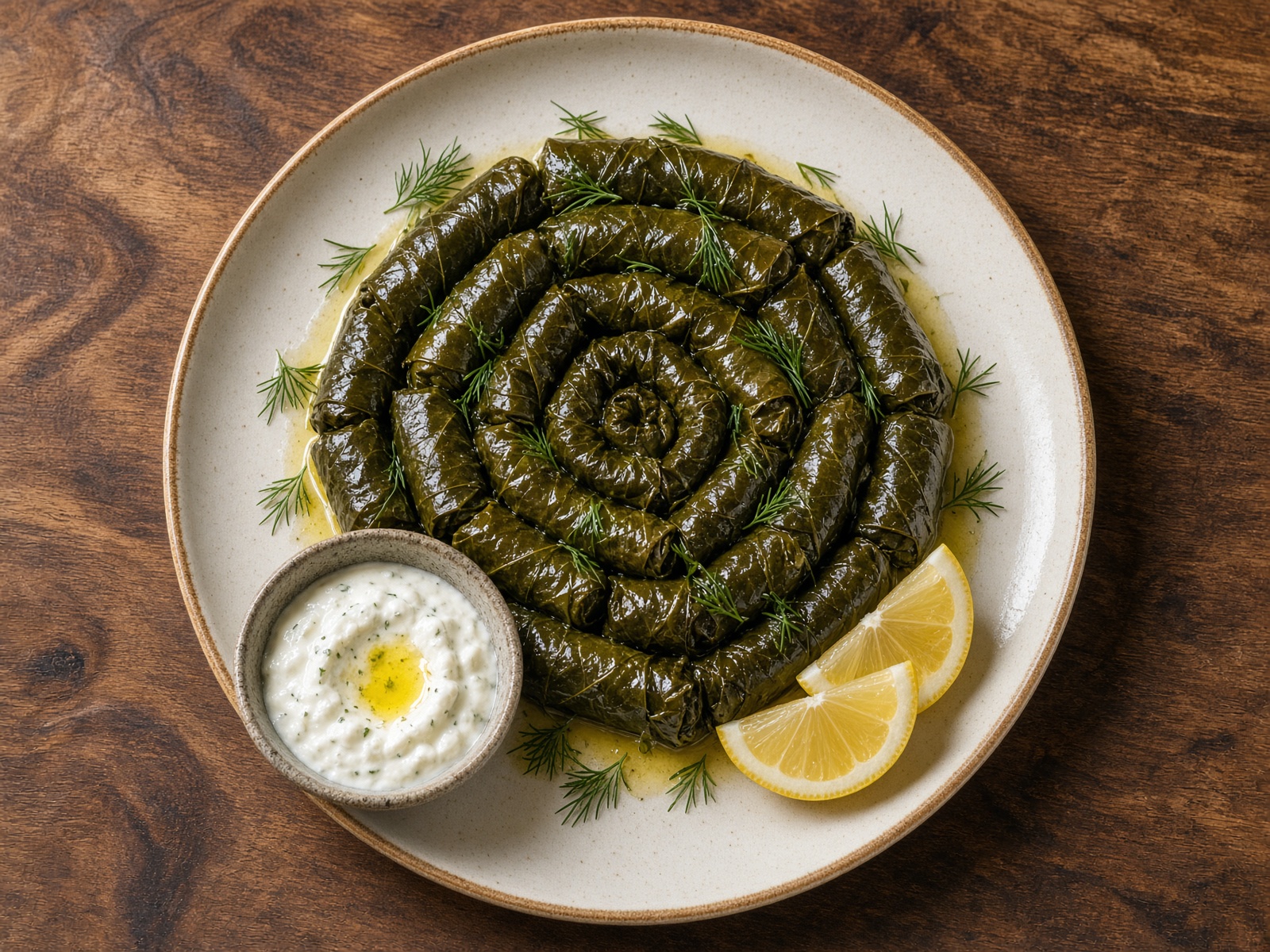 Grape leaf dolma on a ceramic plate